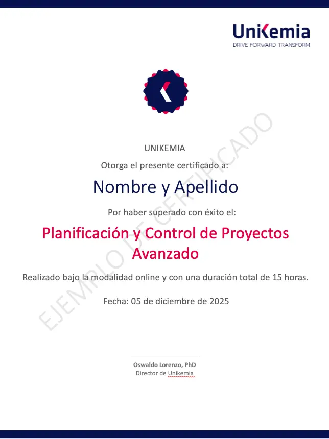Certificado Planificación y Control ejemplo
